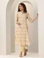 Beige Printed Silk Blend Straight Kurta - Image 4