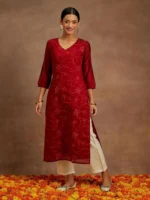 Red Embroidered Chanderi Silk Straight Kurta - Image 2